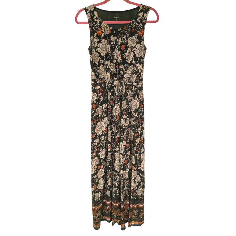 Garnet Hill Floral Maxi Dress XS Black Faux Wrap Elastic Waist Boho Cottagecore
